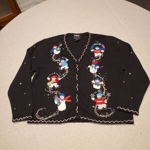 Designer Originals STUDIO JOY Snowman Skiing Cardigan Christmas Holiday Sweater
